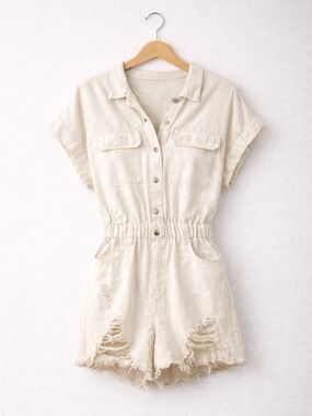 Pants Store Ivory Denim Romper Distressed Utility Shorts Romper Size L